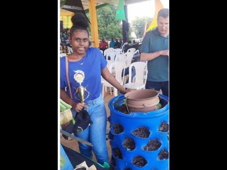 Angelique Chen explains how to use the vertical drum planter that she created and placed on display at the recently held Denbigh Agricultural, Industrial and Food Show in Clarendon.