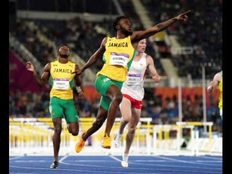 Jamaica’s Rasheed Broadbell celebrates after winning the gold medal in the men’s 110-metre hurdles final  at the 2022 Commonwealth Games in Birmingham, England.