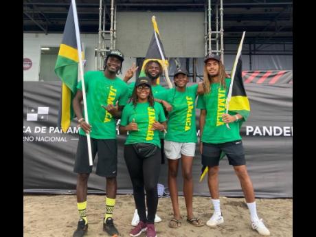 Jamaica’s surfers (from left) Ackeam Phillips, Imani Wilmot , Ronald Hastings, Zoe Bain and Elishama Beckford pose for a photo at the recent Pan American Surfing Championships  in Panama.