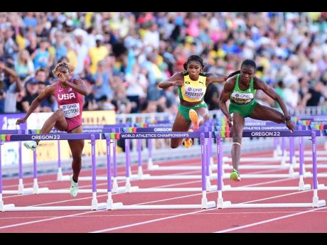 Jamaica’s Britany Anderson (centre) competing against Nigeria’s Tobi Amusan (right) and the United States’ Alia Armstrong in the World Championships’ women’s 100m hurdles final at Hayward Field in Oregon, United States on Sunday, July 24, 2022. 
