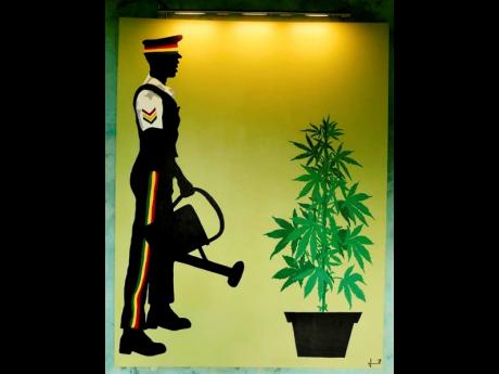 Jude Issa’s ‘Police and Ganja Plant’ at the entrance of Couples Swept Away Patois restaurant.