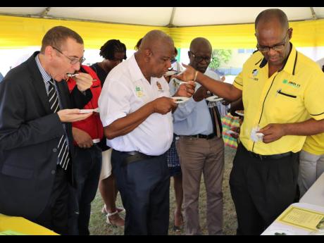 From left: Head of the Political and Development Team at the British High Commission, Oliver Blake seems to be enjoying the stir-fried Spanish needle, while Minister of State, Frank Witter and Acting CEO of RADA, Winston Simpson inspect their plates before