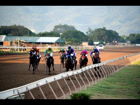 File photo shows BRINKS (third right, against the rails), ridden by Omar Walker, winning the Pick 3 Super Challenge Trophy a Restricted Allowance Stakes for 2-year-olds over seven furlongs at Caymanas Park.