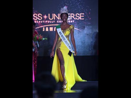 Miss Universe Jamaica 2022 Toshami Calvin takes her first walk as the new queen.