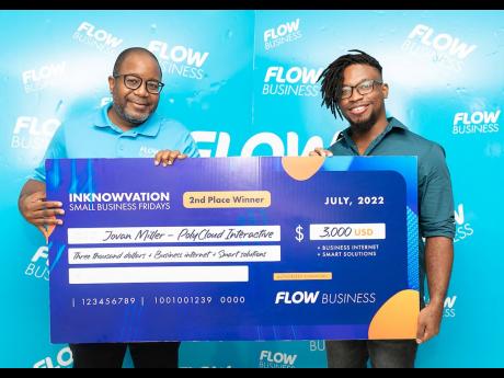 Three thousand reasons to smile! Jovan Miller of PolyCloud Interactive (right), second-prize winner in the FLOW Business InKnowvation Pitch Challenge, receives his symbolic cheque from Dwayne Walters, senior manager for partner channels at FLOW Business.