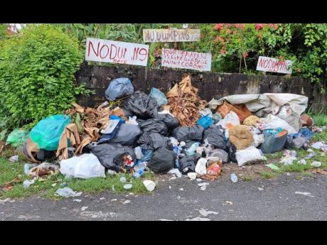 Despite no dumping signs placed at the entrance to Ackee Lane in Boundbrook, Portland, to discourage littering, residents continue to discard waste next to the residence of an elderly couple.