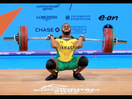 Jamaica’s Omarie Mears makes a lift during the men’s 81kg weightlifting competition on day four of the 2022 Commonwealth Games in Birmingham, England, on August 1, 2022.