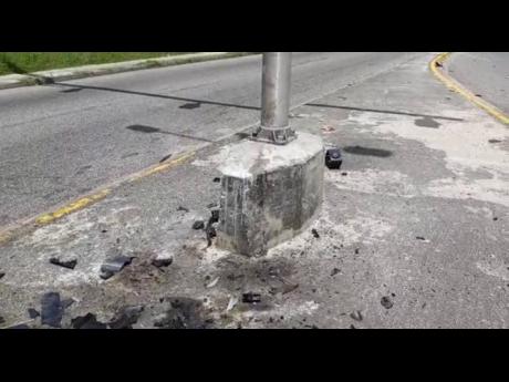 The median into which the motor car crashed in Montego Bay on Thursday night, killing three members of a St James family.