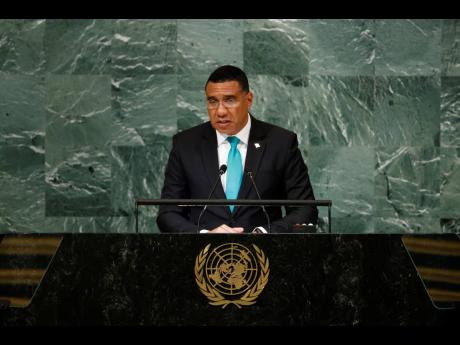 Prime Minister Andrew Holness addresses the 77th session of the United Nations General Assembly at U.N. headquarters, on Thursday, September 22. (AP Photo/Jason DeCrow)