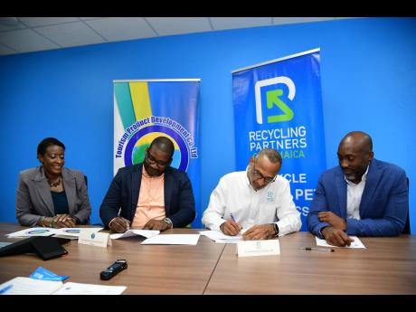 From left: Sheryll Lewis, licence processing and registration manager/attorney-at-law, Tourism Product Development Company Limited (TPDCo); Wade Mars, executive director, TPDCo; Dr Damien King, chairman, Recycling Partners of Jamaica (RPJ); and Gairy Taylo