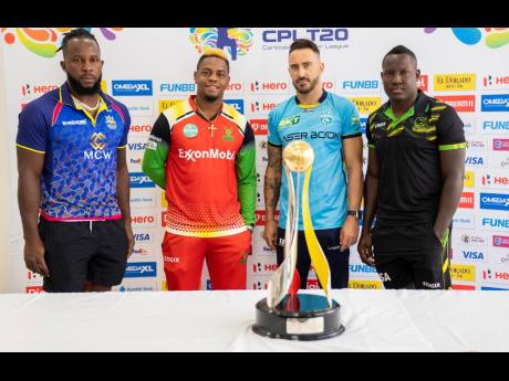 The Caribbean Premier League’s final four captains:  From left -  Barbados Royals’ Kyle Mayers, Shimron Hetmyer of the Guyana Amazon Warriors, Faf Du Plessis of the St Lucia Kings and Rovman Powell of the Jamaica Tallawahs. The photograph was taken at 