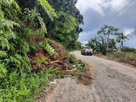 The Wire Fence to Warsop main road in Trelawny, affected by land slippage as a result of ongoing rains yesterday.
