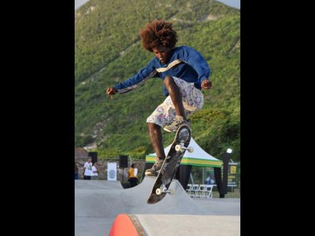 Joshua Mattis shows off his skateboarding skills during the grand opening of Freedom Skatepark in Bull Bay, St Andrew, on Wednesday.