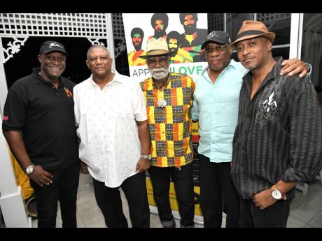 Monte Blake (centre), one of the founders of  the 72-year-old Merritone Music, joined some of  Merritone’s top DJs (from left) Glen Campbell, Mikey Thompson, Richie Clarke and Craig ‘Young Lion’ Ross, at the launch.