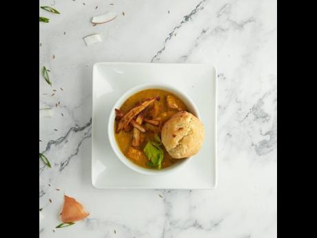 Ode To Guyana - Chicken curry soup, with Johnny cake and crisp fried green banana.