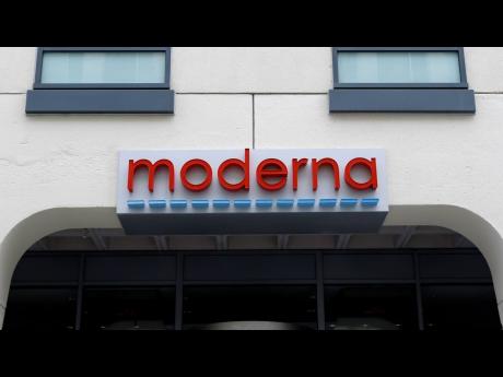 A sign marks an entrance to a Moderna building in Cambridge, Massachusetts.