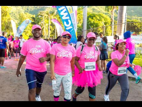 From left: EdgeChem’s file clerk Sheldon Bryan; customer service supervisors Nichola Richards and Latoya Grant, and cost accountant Alicia Douse were among the first to set out on the ICWI/Jamaica Reach to Recovery Pink Run. 