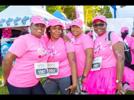 From left: Ready to support! Executive Assistant Lisa Blidgen; Cost Accountant Alicia Douse and Customer Service supervisors Nichola Richards and Latoya Grant were eager to join the fight against breast cancer at the ICWI/Jamaica Reach to Recovery Pink Run