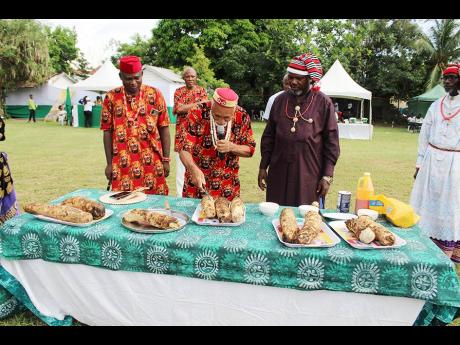 Patron of the iri ji, Chief Dr Joseph Anedu, making the first cut of the new yam, while his compatriots look on.