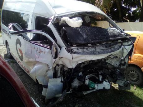 According to police report, a car with three fishermen on board crashed into a bus transporting private security personnel along the Laughlands main road in St Ann on Friday.