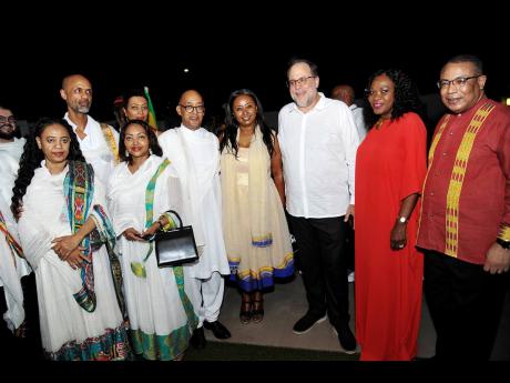 From left; (back) H.E. Nicholas Melillo, Madame Almaz Yigzaw, Lij Anania Abebe, Madame Rahel Molaligne, Princes Saba Kebede, HIH Prince Ermias Sahle-Selassie, Honorary Consul for Ethiopia in Jamaica, Mrs Yodit Hylton, Leader of Opposition Mark Golding and 