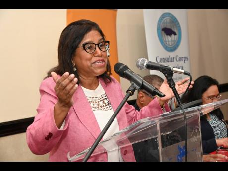 Paula Gopee-Scoon, minister of trade and industry of Trinidad and Tobago, addressing a Doing Business with Jamaica seminar at the Pegasus hotel Monday.