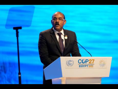
Gaston Browne, prime minister of Antigua and Barbuda, speaking at the COP27 UN Climate Summit, on November 8, 2022, in Sharm el-Sheikh, Egypt.