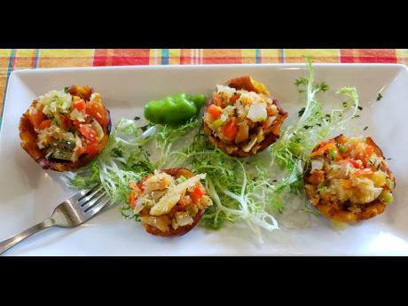 Mercilessly mouthwatering plantain cups stuffed with cook up salt fish prepared by Chef Jewel.