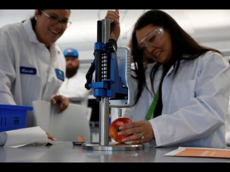 Liz Yi (right) tests the firmness of an apple at the Hazel Technologies headquarters in Chicago. Yi was one of several visitors at an open house in which the company explained its efforts to help farmers keep their produce fresher in storage before going t