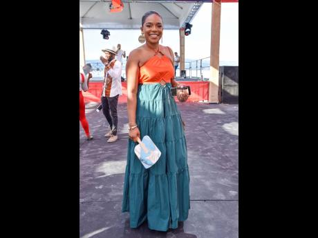 Green and orange pair quite well, as is evidenced by this multi-tiered maxi dress worn by Tameka Peru, corporate relationship manager, corporate investment, at Scotia Group Jamaica Limited.