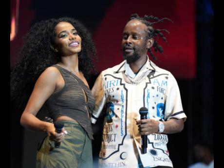 Dancehall artiste Popcaan (right), and Miss World 2019 Toni-Ann Singh, following their performance of their collaboration, ‘Next to Me’. 