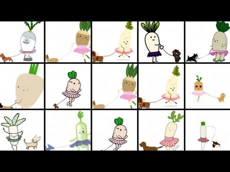 Images generated by DALL-E upon the prompt: “an illustration of a baby daikon radish in a tutu walking a dog”