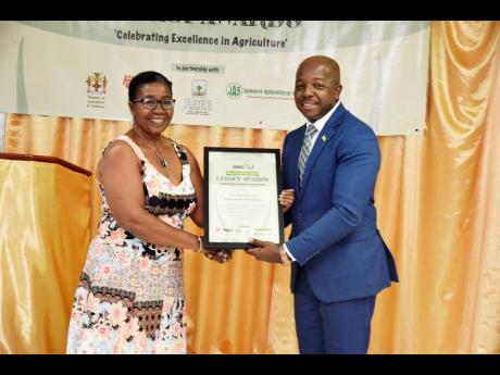 Paulette Lyons (left), agricultural administrator, receives Agricultural Legacy award from Pearnel Charles Jr, minister of agriculture and fisheries.