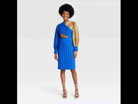 This women’s long sleeve A-line dress features blue stripe fabric, and is signature Sammy B.
