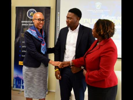 From left: Education Minister Fayval Williams is greeted by Tavoy Barrett, president of the University of Technology, Jamaica’s Students’ Union, and Dorrset Gabidon-Pottinger, UTech, Jamaica assistant registrar, at the Future of Education Think Tank at
