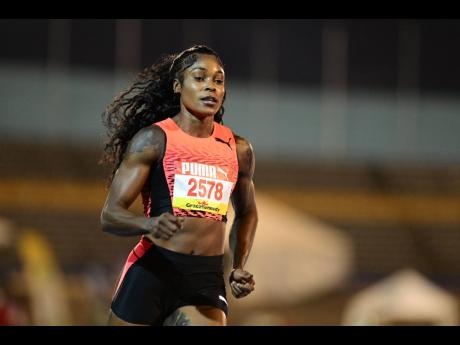 A comfortable-looking Elaine Thompson-Herah comes through the line after her first 60-metre race of the season done at the Queens/Grace Jackson Meet inside the National Stadium in St Andrew this evening.
