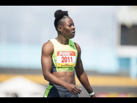 
Shericka Jackson, moments after competing in her heat at the 2023 Queens/Grace Jackson Meet at the National Stadium in St Andrew yesterday.