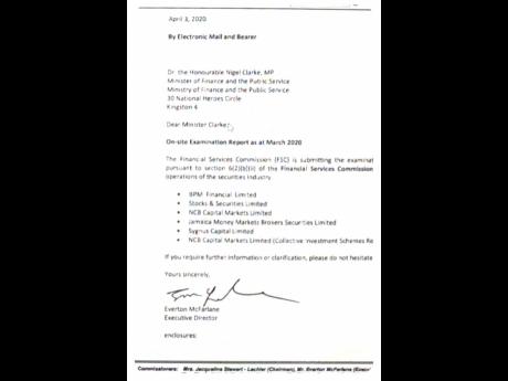 FSC’s April 3, 2020 letter to Finance Minister Dr Nigel Clarke re on-site examination reports on six entities, including SSL.