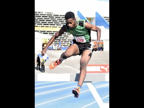 Rivaldo Marshall competing in the 2000 metres steeplechase at the 2020 renewal of the Youngster Goldsmith meet at the National Stadium.
