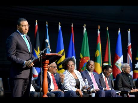 Prime Minister Andrew Holness speaking at the opening ceremony of the 39th regular meeting of heads of government of the Caribbean Community (CARICOM) held at the Montego Bay Convention Centre in St James in 2018.