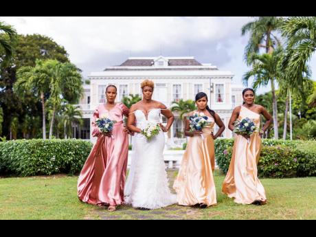From left: Althea Harrison, maid of honour, and Sophia Huslin and her two bridesmaids, Sasha Marsh and Nicole Lindo, looking stunning in their gowns.  
