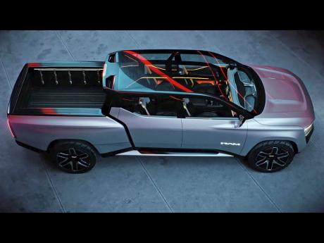 The Ram Revolution concept, an all-electric pickup with three rows of seating and an electroluminescent glass roof. 