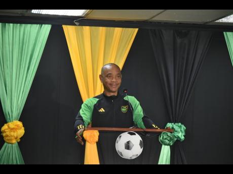 Dennis Chung, general secretary of the Jamaica Football Federation (JFF), speaks during a launch of JFF’s Adidas jerseys at the organisation’s headquarters on Tuesday.