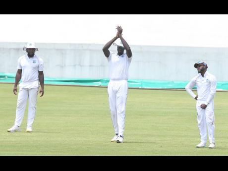 From left: West Indies players, Kyle Mayers, Jason Holder, and Jermaine Blackwood during their warm-up three-day game against a South Africa Invitational XI in Benoni yesterday.