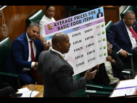 Julian Robinson, opposition spokesman on finance, points out the impact of inflation on some basic food items while making his contribution to the Budget Debate in the House of Representatives on Thursday.