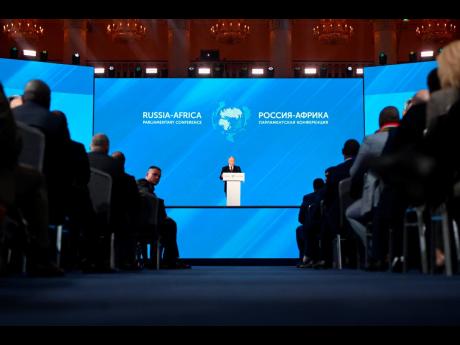 Russian President Vladimir Putin speaks at the 2nd Russia-Africa International Parliamentary Conference in Moscow, Russia on Monday.