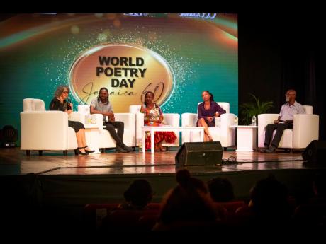 The Poet Laureate panel discussion under the theme ‘Writing Jamaica’.  From left: Olive Senior, Poet Laureate of Jamaica; Topher Allen; Opal Palmer Adisa; Ann Margaret Lim and Professor Mervyn Morris at the World Poetry Day celebration held on March 21