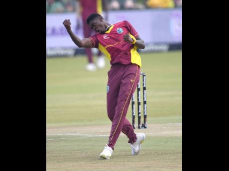 West Indies pacer Alzarri Joseph celebrates one of his three wickets against South Africa in the third One-Day International between the teams in Potchefstroom, South Africa, on Tuesday.