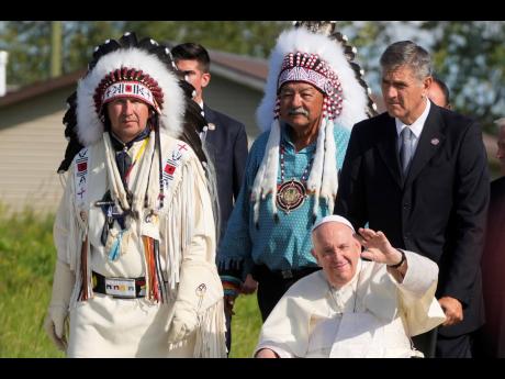 Pope Francis arrives for a pilgrimage at the Lac Saint Anne, Canada, on July 26, 2022. The Vatican yesterday responded to Indigenous demands and formally repudiated the ‘Doctrine of Discovery’, the theories backed by 15th-century ‘papal bulls’ that