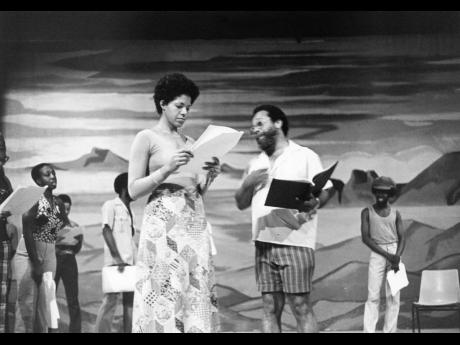 
REHEARSAL SCENE: Cheryl Ryman and Charles Hyatt in rehearsal for the LTM National Pantomime production of Gloria Lannaman’s ‘Brashana O!’ Other cast members (from left) are Sonya Francis, Vernon Darby, Donovan Prendergast, and Turnell McCormack.